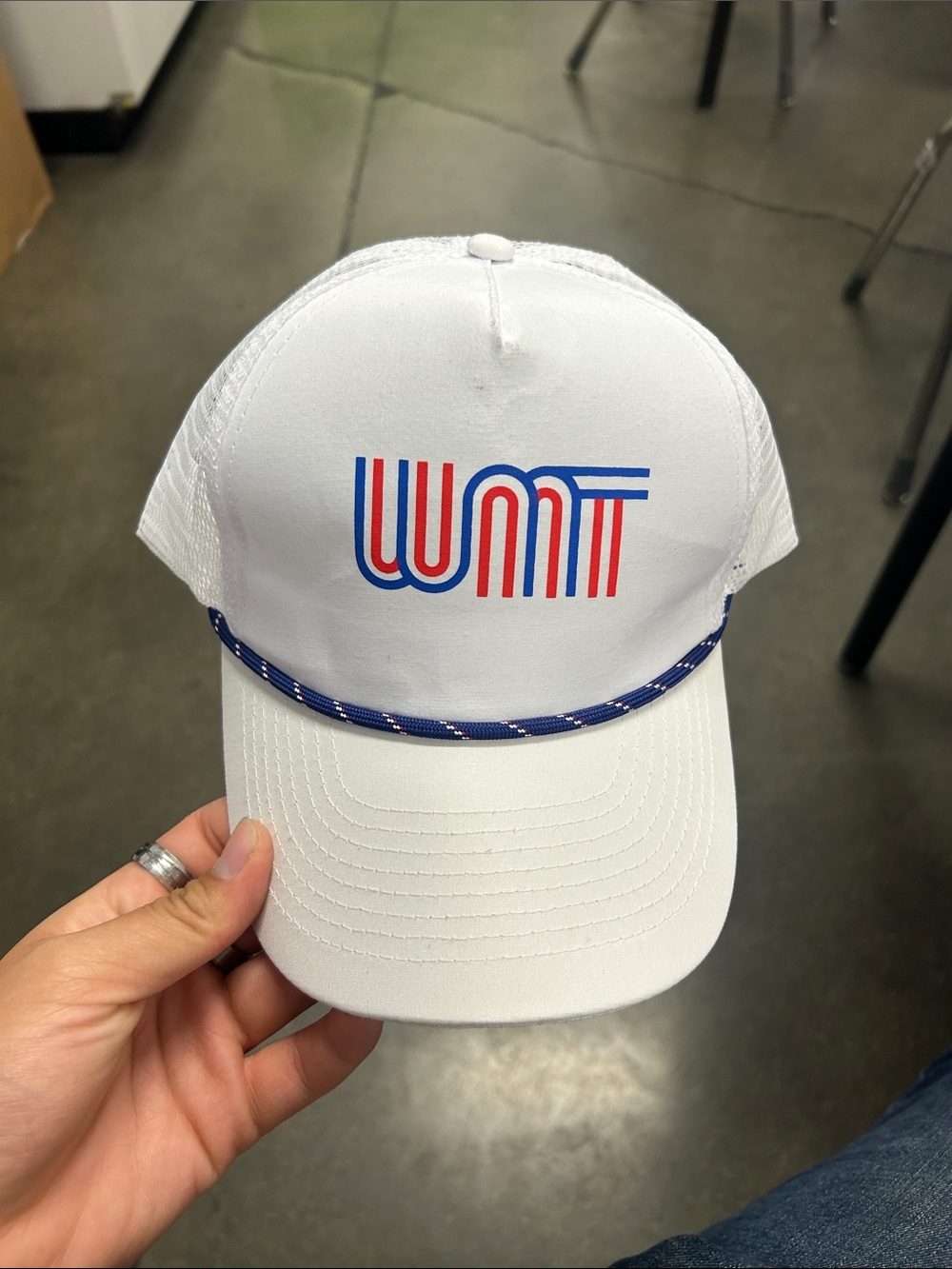 White Trucker Cap with Red & Blue Logo